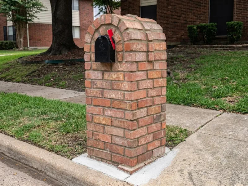 Custom built brick mailbox with arched top and decorative brickwork in residential front yard